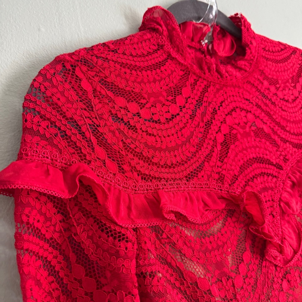 Jonathan Simkhai Red Lace Ruffle Mini Dress Long Sleeve Scallop Cocktail XS sz2 - Picture 6 of 15